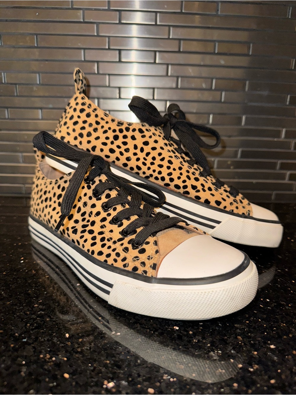 Cheetah-Print Lace-Up Sneakers in Tan and Black